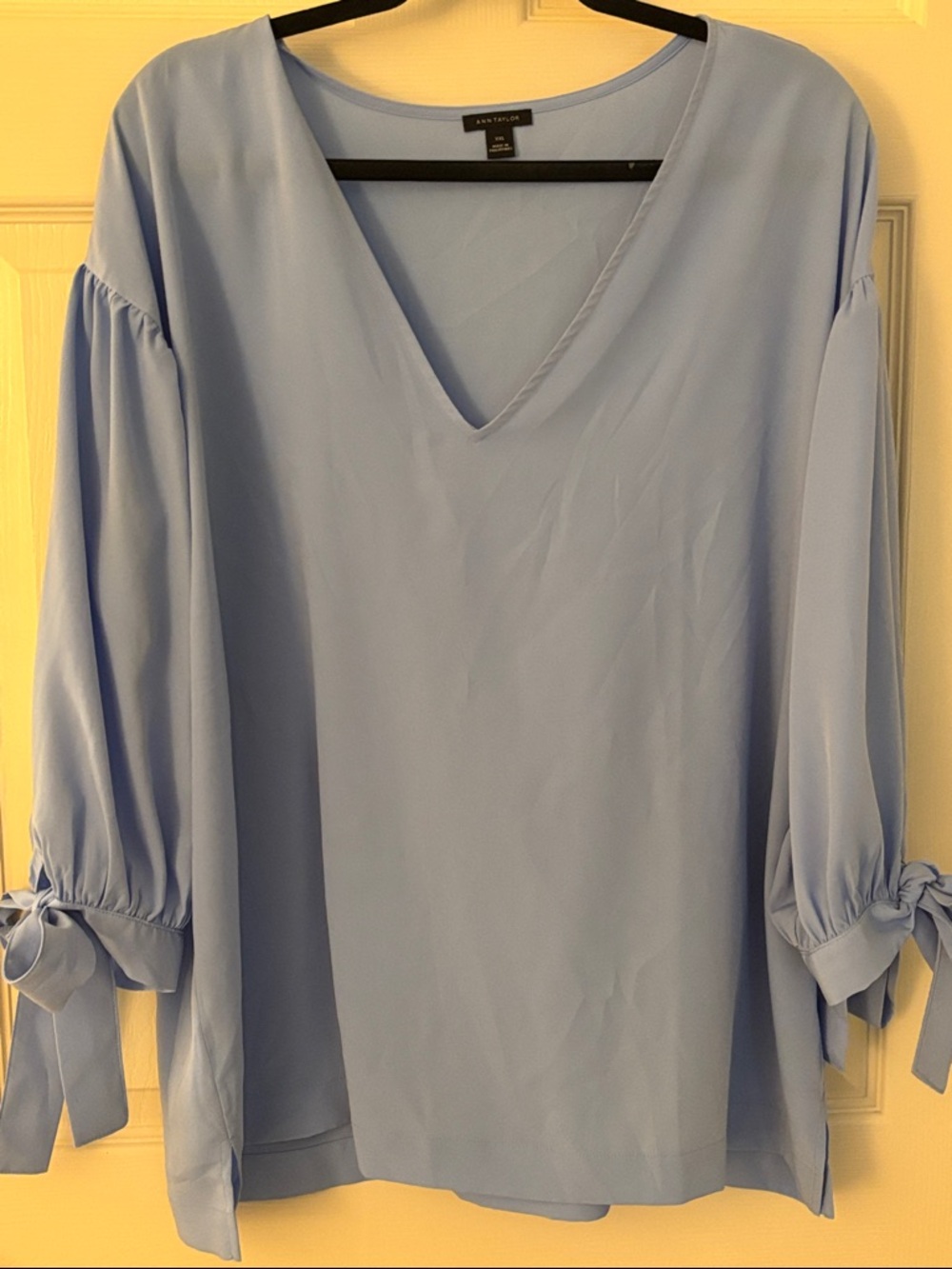 Ann Taylor Cornflower Blue V-Neck Blouse with Tie Sleeves
